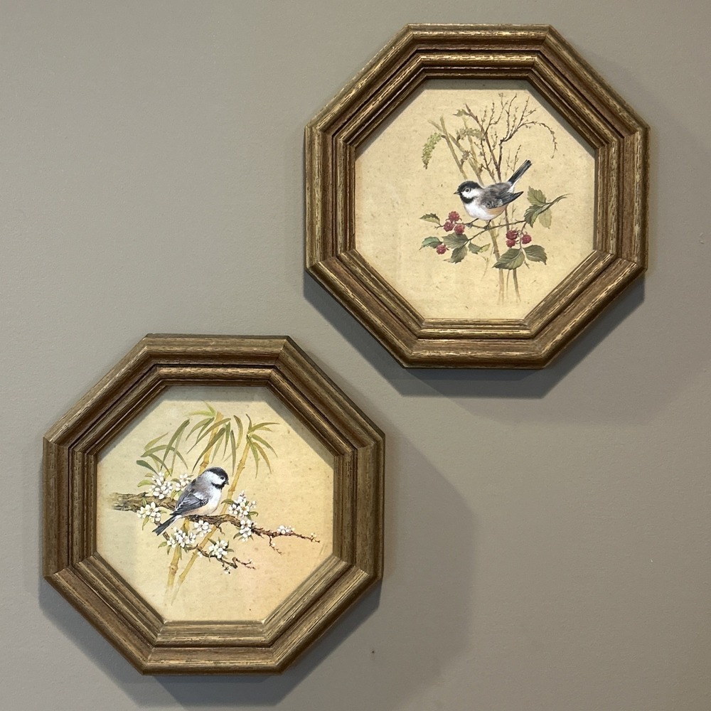 Two Vintage Homco 1982 Octagon Gold Framed Chickadee Bird Prints Grandma Core